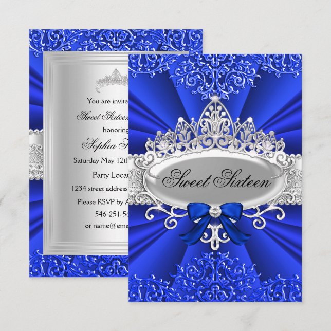 Blue Tiara & Damask Sweet Sixteen Party Invitation (Front/Back)