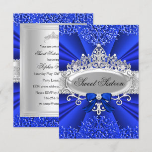 Blue Tiara & Damask Sweet Sixteen Party Invitation