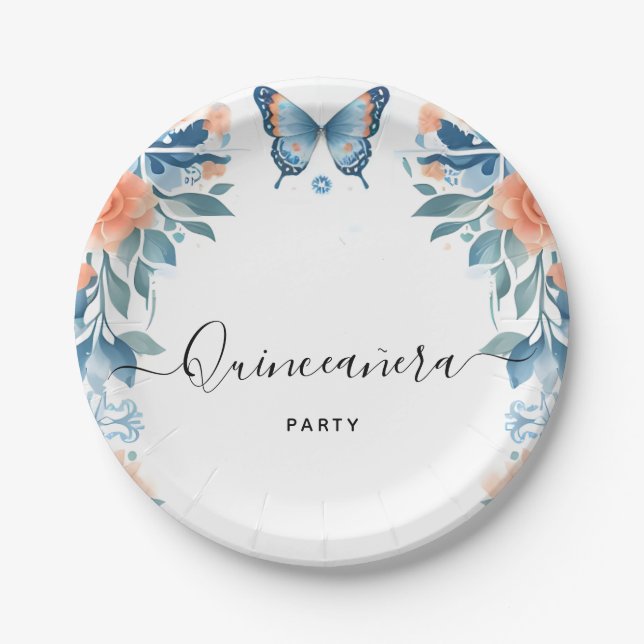 Blue Tiara Family Latina Girly Spanish Quinceanera Paper Plates (Front)