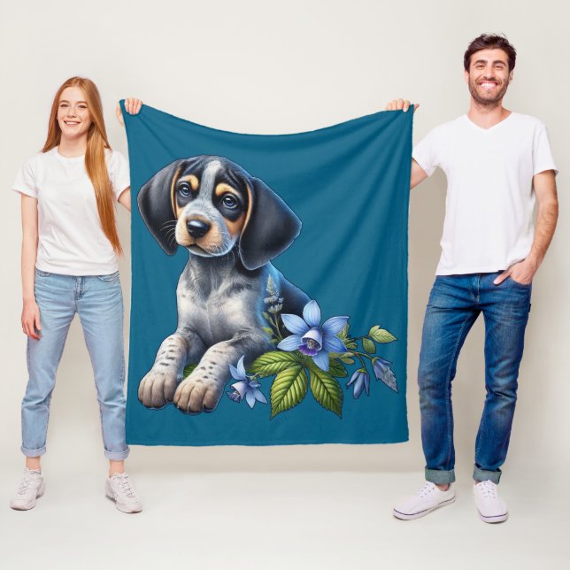 Blue Tick Hound Puppy with Delicate Blue Flowers Fleece Blanket (In Situ)