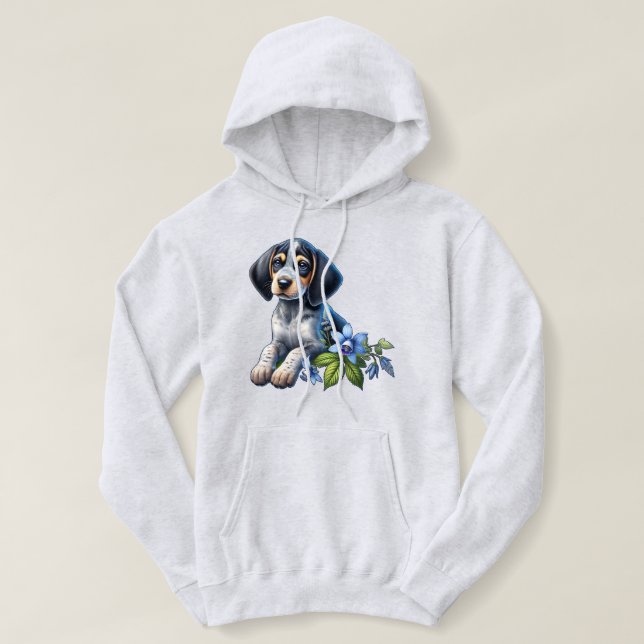 Blue Tick Hound Puppy with Delicate Blue Flowers Hoodie (Design Front)
