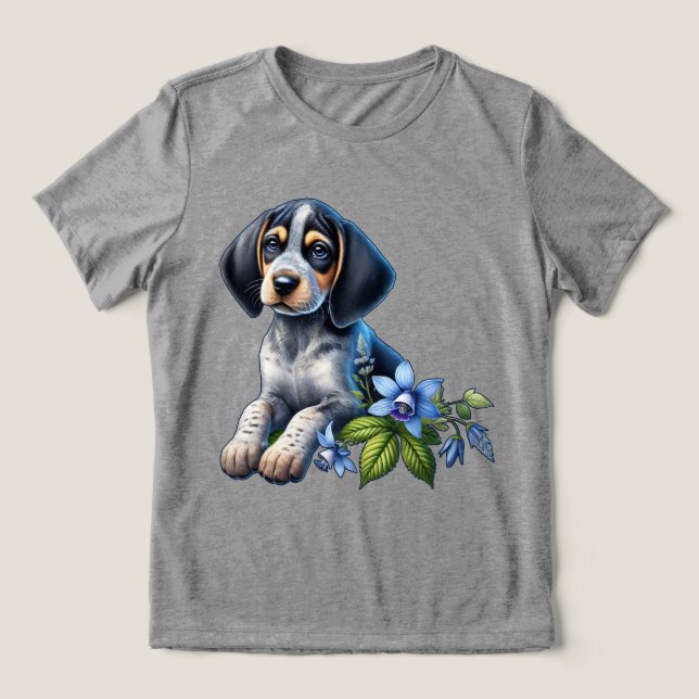 Blue Tick Hound Puppy with Delicate Blue Flowers  Tri-Blend Shirt (Design Front)