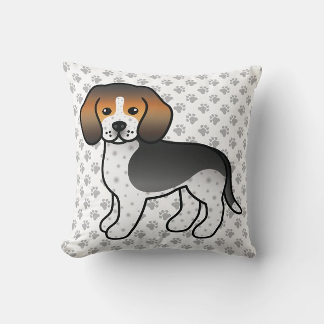 Blue Ticked Beagle Cartoon Dog & Paws Throw Pillow (Front)