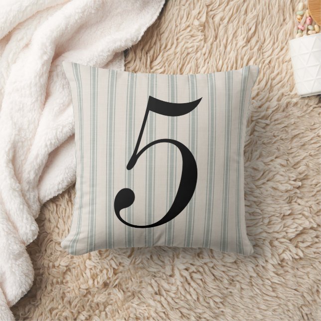 Blue Ticking Stripes Custom Number | Farmhouse Throw Pillow (Blanket)