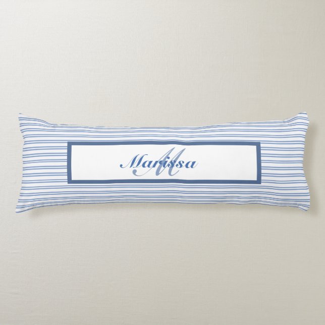 Blue Ticking Stripes  Farmhouse Monogrammed  Body Pillow (Front)