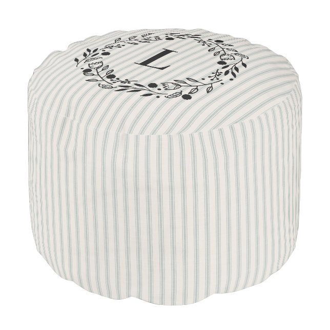 Blue Ticking Stripes Monogram | Farmhouse Decor Pouf (Angled Front)