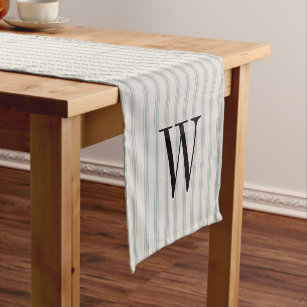 Blue Ticking Stripes Monogram   Modern Farmhouse Short Table Runner