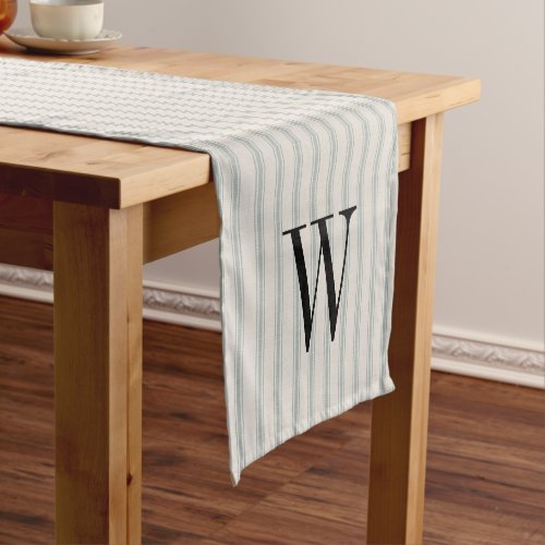 Blue Ticking Stripes Monogram  Modern Farmhouse Short Table Runner