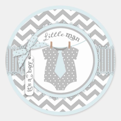 Blue Tie  Chevron Print Baby Shower Classic Round Sticker