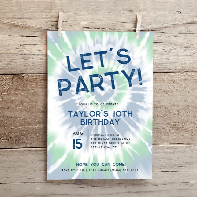 Blue Tie Dye, Bold Let's Party Any Age Birthday Invitation (Creator Uploaded)