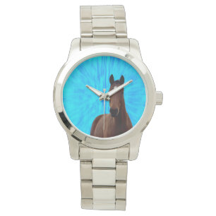 Blue Tie Dye Chestnut Horse, Silver Unisex Watch, Watch