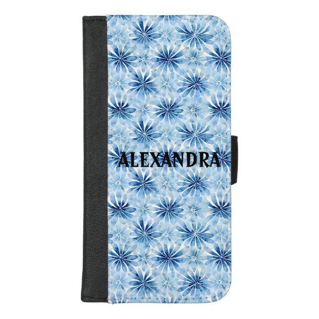Blue Tie dye flower pattern Custom Name iPhone Wallet Case (Front)
