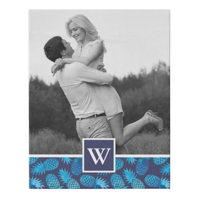 Blue Tie Dye Pineapples | Photo with Monogram Faux Canvas Print (Front)