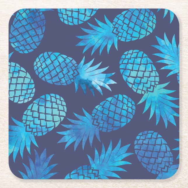 Blue Tie Dye Pineapples Square Paper Coaster (Front)