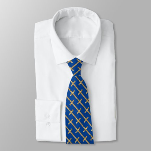 Blue Tie with Gold Crosses Crucifix Christian