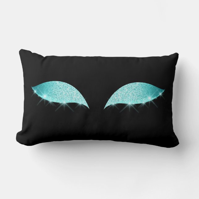 Blue Tiffany Cat's Eye Sleep Glitter Makeup Black Lumbar Pillow (Front)