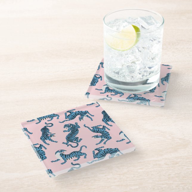 Blue Tiger Asian Pattern Glass Coaster (Angled)