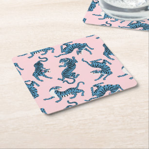 Blue Tiger Asian Pattern Square Paper Coaster