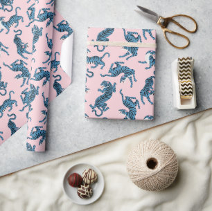 Blue Tiger Asian Pattern Wrapping Paper