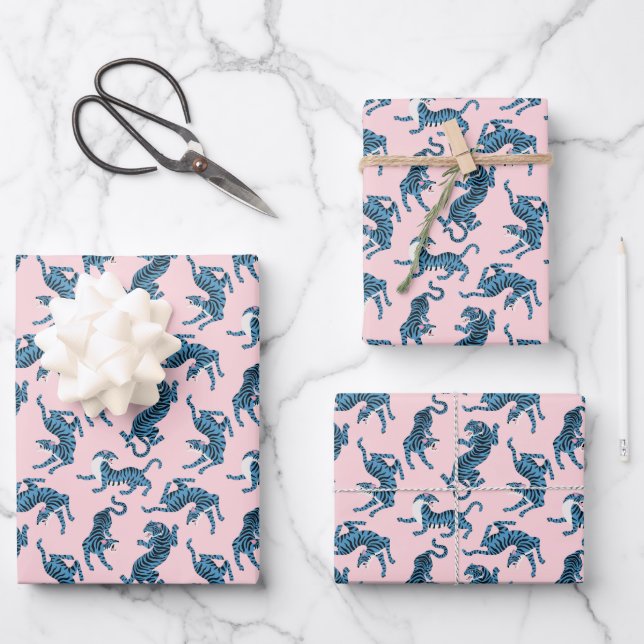 Blue Tiger Asian Pattern Wrapping Paper Sheets (Front)
