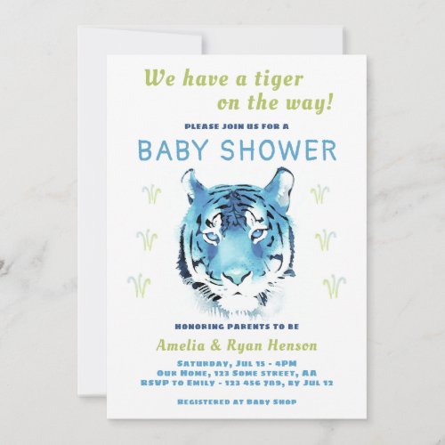 Blue Tiger Baby Watercolor 2022 Baby Shower Invitation