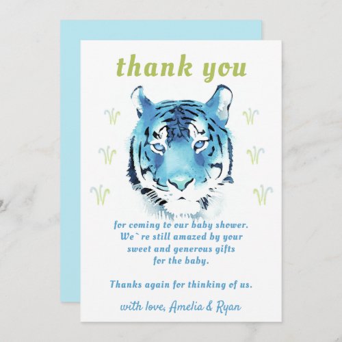Blue Tiger Head Watercolor Girl Baby Shower Thank You Card