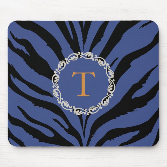Blue tiger print with monogram mouse pad (Front)