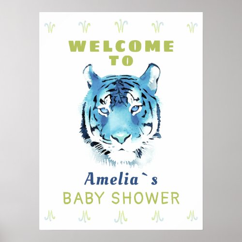 Blue Tiger Watercolor Baby Shower Welcome Sign