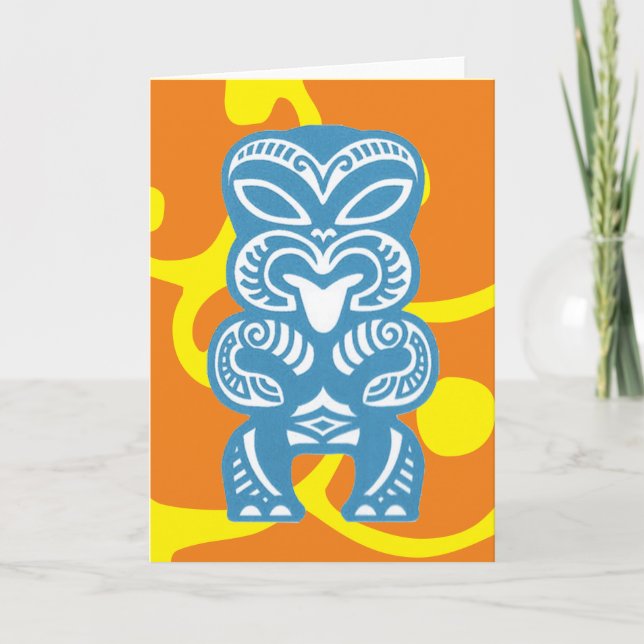Blue Tiki Good Luck Figure Symbol Greeting Card (Front)