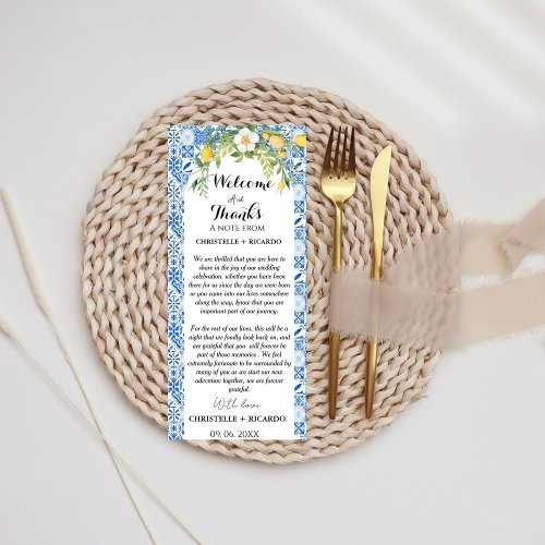 Blue tile and Lemon Welcome  Thank you Table Card