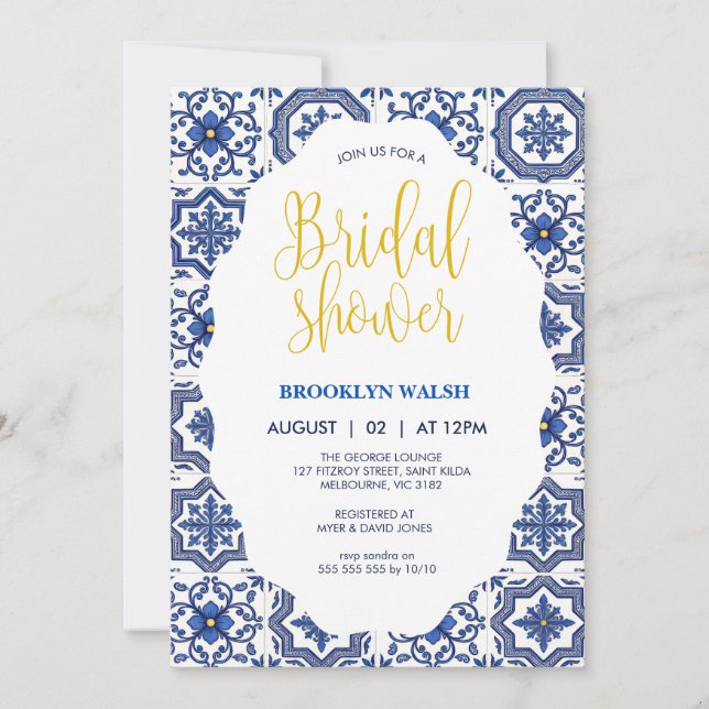 Blue Tile Bridal Shower Invitation Elegant Gold (Front)