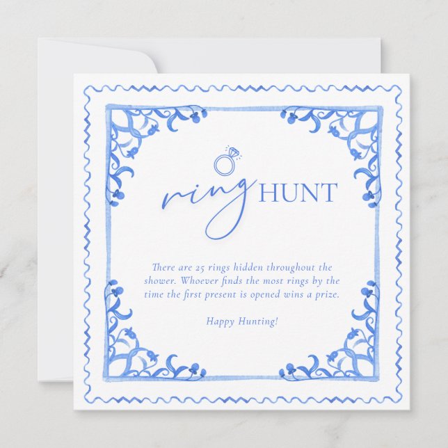 Blue Tile Bridal Shower Ring Hunt Table Sign (Front)