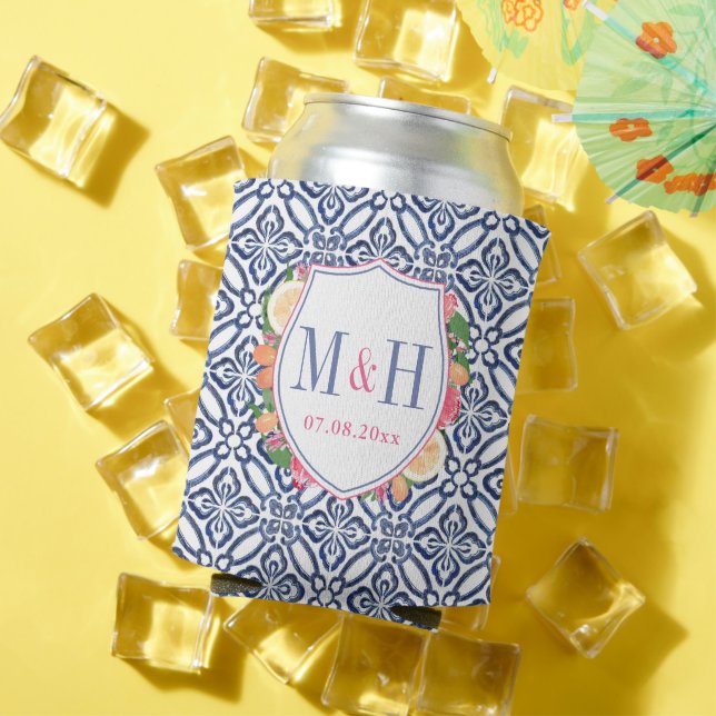 Blue Tile Citrus Bright Flowers Bridal Shower Can Cooler (In Situ Summer)