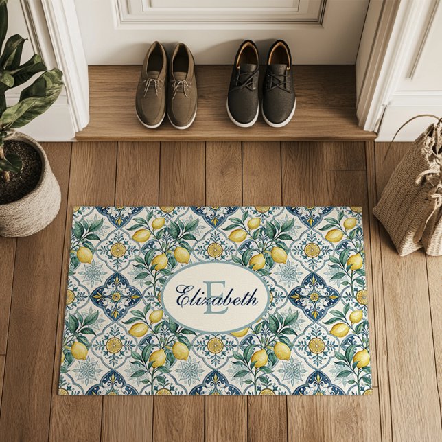 Blue Tile Country Lemon Pattern Monogram Name Doormat (Creator Uploaded)