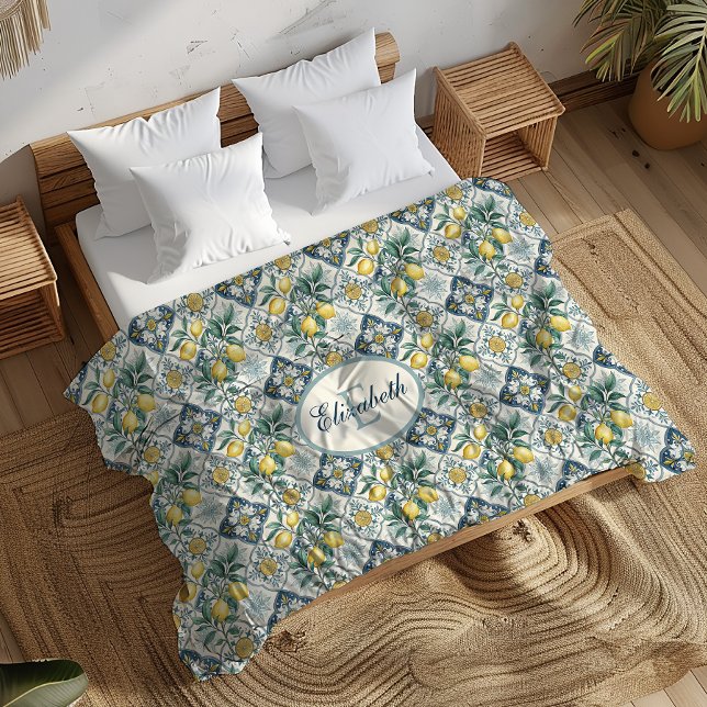 Blue Tile Country Lemon Pattern Monogram Name Duvet Cover (Creator Uploaded)