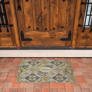 Blue Tile Country Lemon Pattern Monogram Name Fiber Doormat