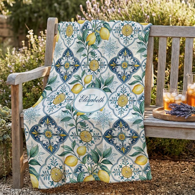 Blue Tile Country Lemon Pattern Monogram Name Fleece Blanket (Creator Uploaded)