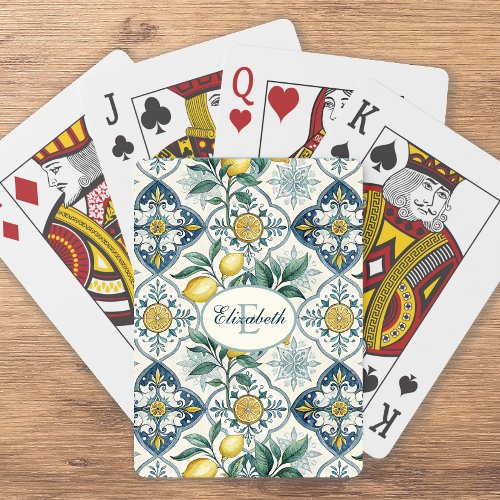Blue Tile Country Lemon Pattern Monogram Name Poker Cards