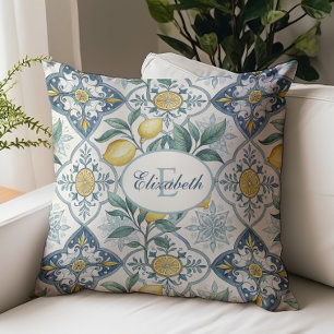 Blue Tile Country Lemon Pattern Monogram Name Throw Pillow