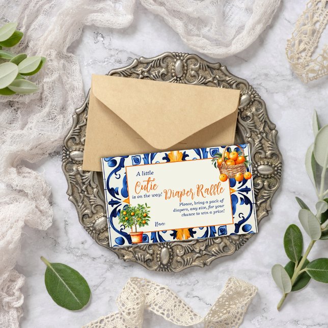 Blue Tile Cutie Orange Citrus Baby Shower Game Enclosure Card (Creator Uploaded)