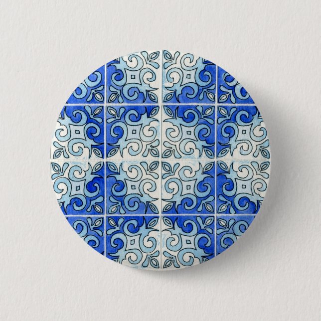 Blue Tile Design 2 - Swirls Pinback Button (Front)