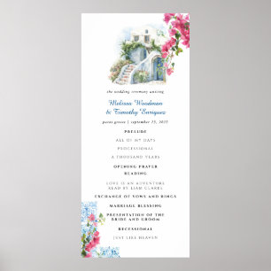 Blue Tile Floral Greece Wedding Program Poster