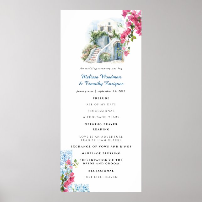 Blue Tile Floral | Greece Wedding Program Poster (Front)