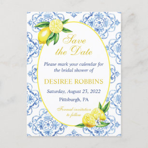 Blue Tile Floral Lemon Bridal Shower Save the Date Postcard
