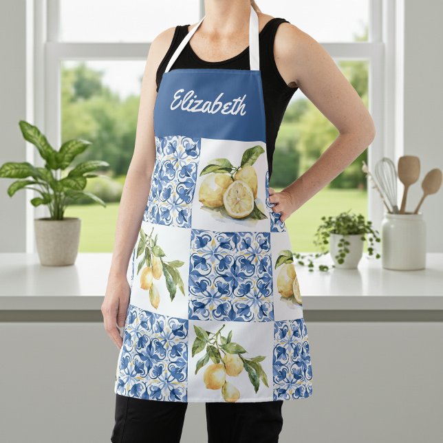 Blue Tile French Country Lemon Custom Name Apron (Creator Uploaded)