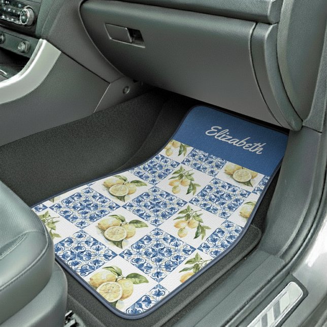 Blue Tile French Country Lemon Custom Name Car Floor Mat (Creator Uploaded)