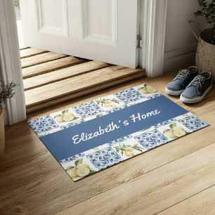 Blue Tile French Country Lemon Custom Name Doormat