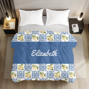 Blue Tile French Country Lemon Custom Name Duvet Cover