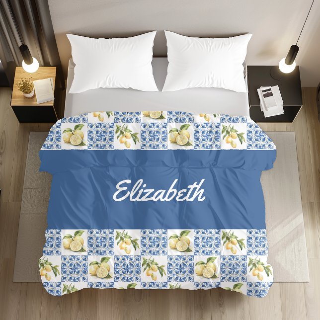 Blue Tile French Country Lemon Custom Name Duvet Cover (Creator Uploaded)