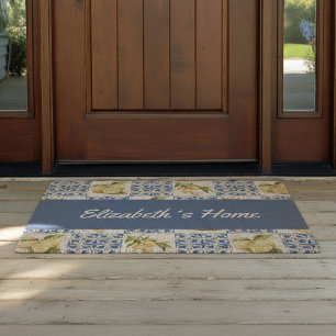 Blue Tile French Country Lemon Custom Name Fiber Doormat
